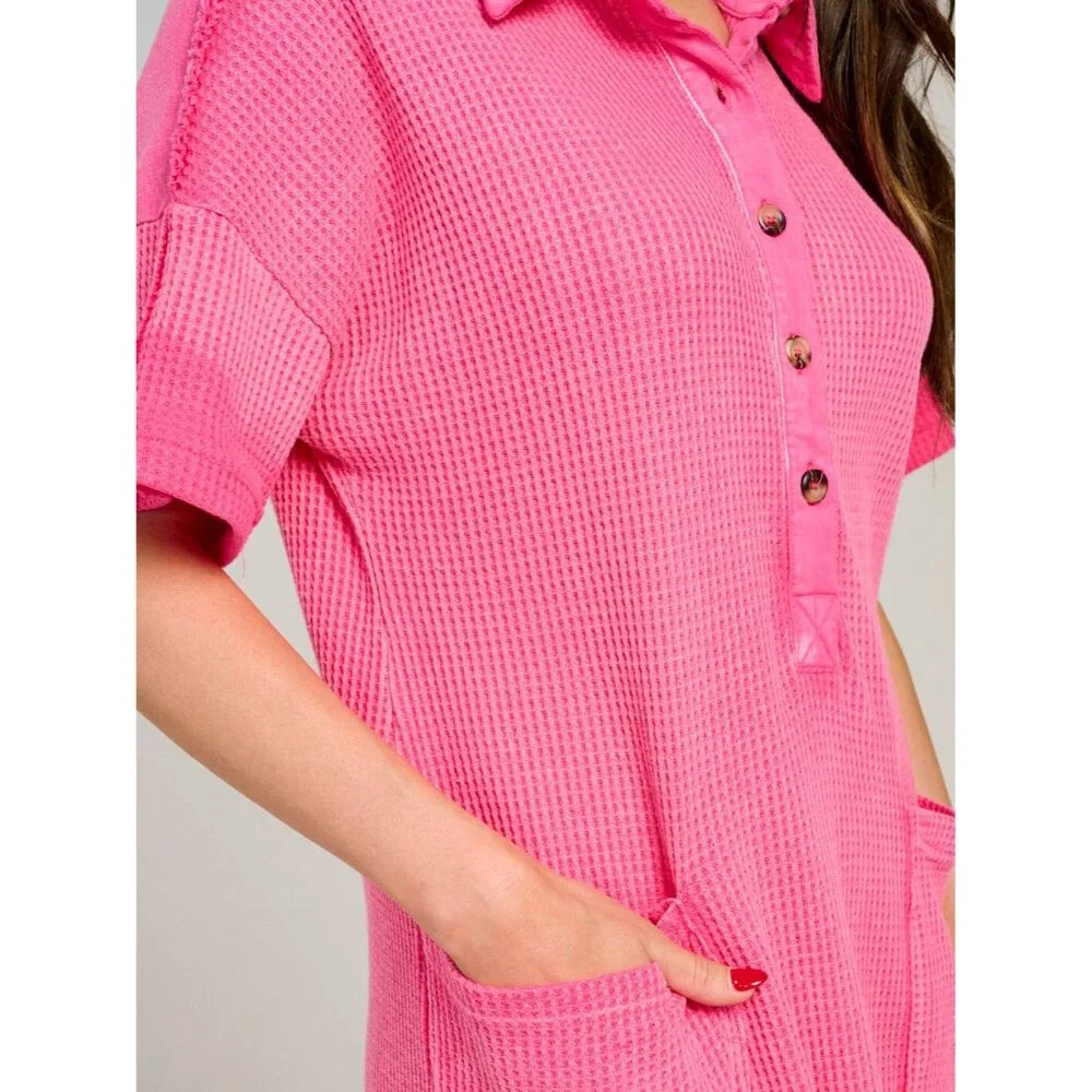 Women’s Waffle Knit Button-Up Mini Dress Pink Short Sleeve Size M NWT - Picture 2 of 8